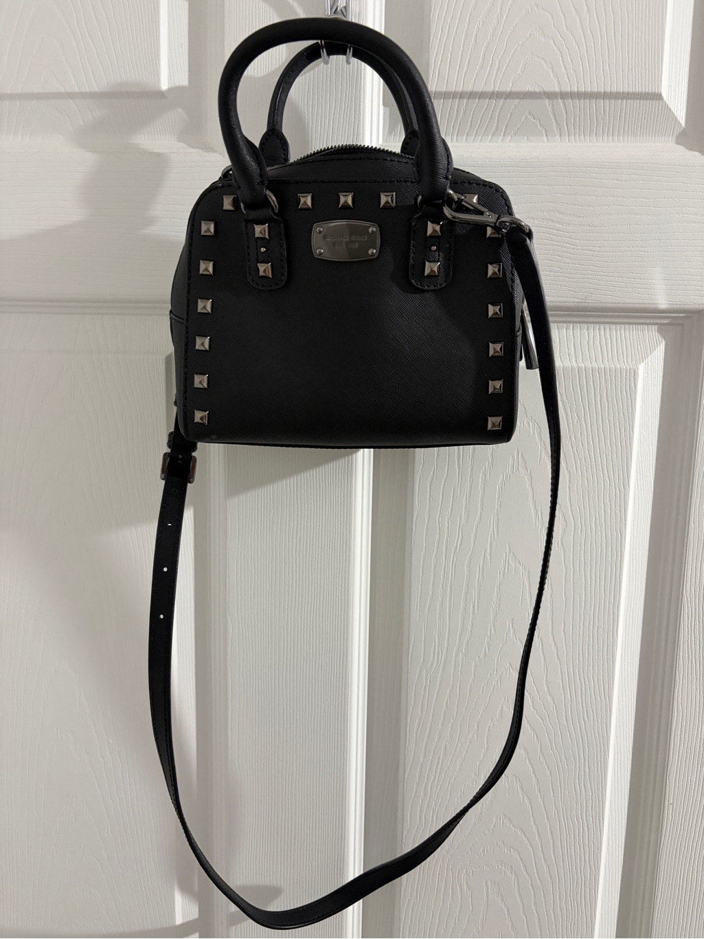 Michael Kors Black Leather Studded Mini Satchel With Crossbody Strap